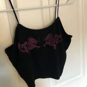 Black cropped tank top with pink dragon print